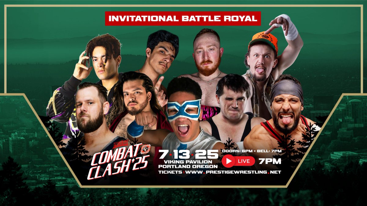 🚨 TOMORROW NIGHT 🚨

COMBAT CLASH INVITATIONAL BATTLE ROYAL!

9 wrestlers announced + many others to come!

July 13th, 2025
Portland, Oregon
Viking Pavilion

Doors at 6 PM PDT // Bell at 7 PM PDT

Streaming for free here: youtube.com/live/XQLknYE5B…

Tickets: eventbrite.com/o/prestige-wre…