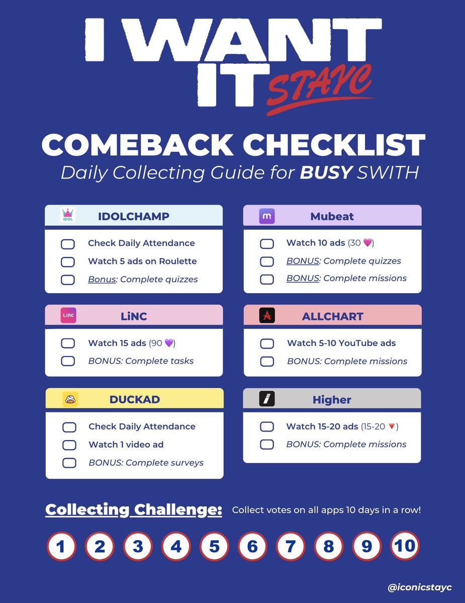 austayc's tweet image. swiths π’ cb is just 10 days away so it's time to prepare for music shows! the girls are working hard during their tour for this cb so let's support them well
there are a lot of shows & apps so to simplify things, here is a schedule as well as a daily checklist from @iconicstayc