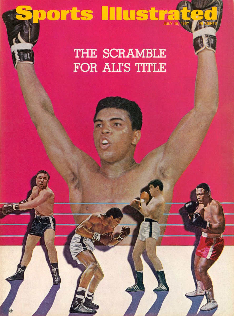 MuhammadAli's tweet image. Sports Illustrated Cover: July 10, 1967
On this day in 1967, Ali covered the Sports Illustrated magazine titled “The Scramble for Ali’s Title.” He is shown standing victorious over George Chuvalo, Ernie Terrell, Karl Mildenberger, and Joe Frazier.
📸: @LeiferNeil
#MuhammadAli…