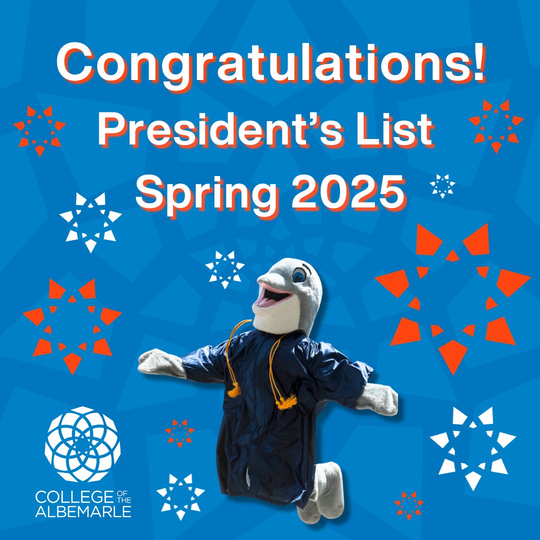 COA is pleased to announce the President's List for Spring 2025.
🐬🧡💙
Visit albemarle.edu/news/coa-annou… to view the recognized students. COA is proud of you!

#TransformYourTomorrow #COACelebrates #Extraordinary58