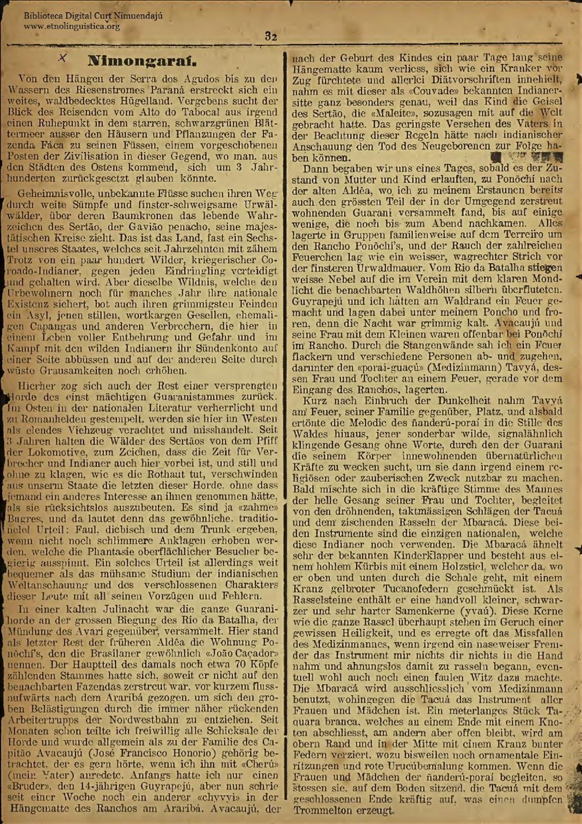 Nimongaraí (N. Unckel 1910); etnolinguistica.org/biblio:nimuend…

Trata-se da publicação original em alemão do clássico texto em que <a href="/CurtNimuendaju/">Curt Nimuendajú</a> descreve seu batismo ritual pelos Apapokúva (Nhandéva).

Para traduções ao português e mais informações sobre o ritual: bit.ly/nimongarai