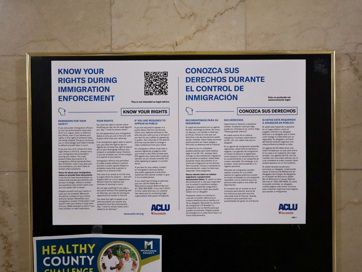 ACLUofWisconsin's tweet image. Milwaukee wants ICE out of our courts — and we agree. Due process is our right.
We posted Know Your Rights information in the Milwaukee County Courthouse and will be sending the posters to courts around the state.
Know Your Rights: aclu-wi.org/en/know-your-r…