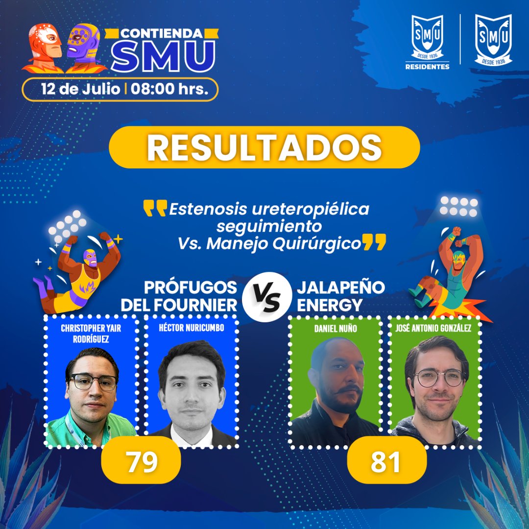 Residentes_SMU's tweet image. ¡Descubre los resultados de la ‘Contienda SMU’ de julio! 🤼♀️💥 Un reconocimiento a los Residentes por su esfuerzo, y agradecemos a nuestro jurado y auditorio por esta gran sesión.
#SMU25 #ResidentesSMU #UrologíaEnMovimiento #Urología