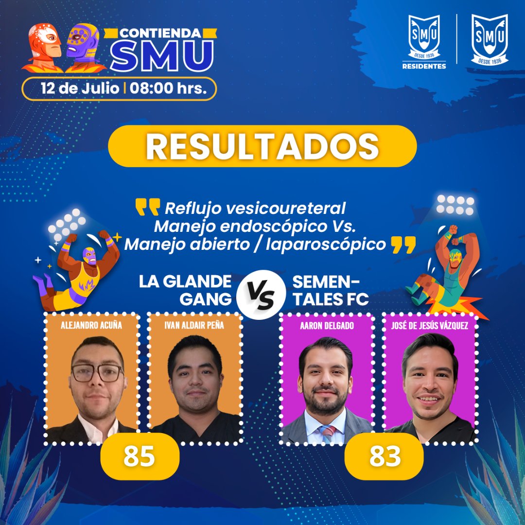Residentes_SMU's tweet image. ¡Descubre los resultados de la ‘Contienda SMU’ de julio! 🤼♀️💥 Un reconocimiento a los Residentes por su esfuerzo, y agradecemos a nuestro jurado y auditorio por esta gran sesión.
#SMU25 #ResidentesSMU #UrologíaEnMovimiento #Urología