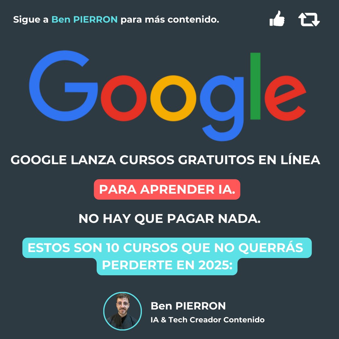 Google lanza cursos gratuitos en línea para aprender IA.

No hay que pagar nada.

Estos son 10 cursos que no querrás perderte en 2025: