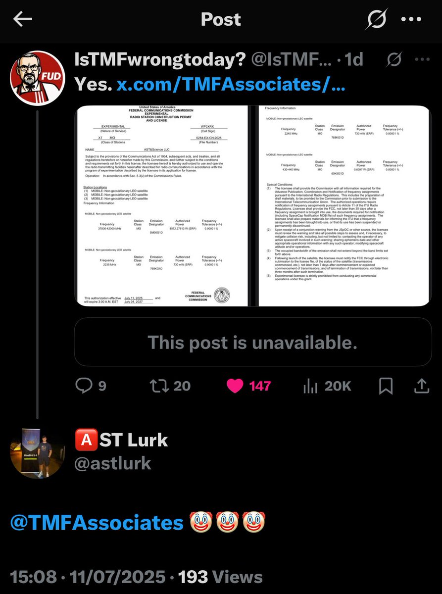 astlurk's tweet image. $ASTS: Very interesting how @TMFAssociates (incorrect) post regarding the approval of FM1 has magically just disappeared 🤔🤔🤔