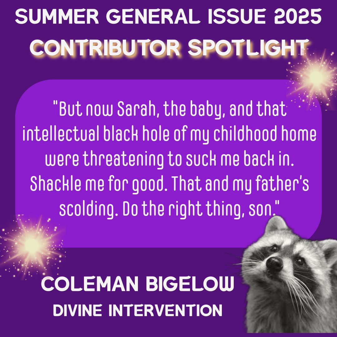 TrashCatLit's tweet image. From our latest issue 🦝
We loved the setting we were plunged into, the instant tension and confusion. Then @ColemanBigelow's MC taking time to reflect and regret and ultimately reveal himself was a rollercoaster.
Read and listen to the story here: trashcatlit.com/divine-inter...