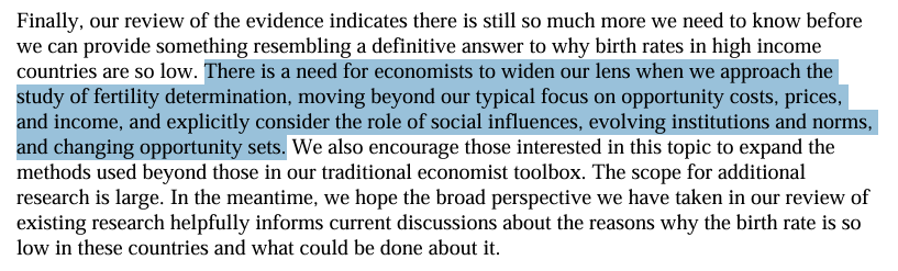 Perhaps the most important fertility paper of 2025 just published, by Kearney and Levine.

Surveying &gt; 100 papers, the authors argue economists need to "move beyond opportunity costs, prices, and income" to consider culture (social influences, institutions and norms). Link below.