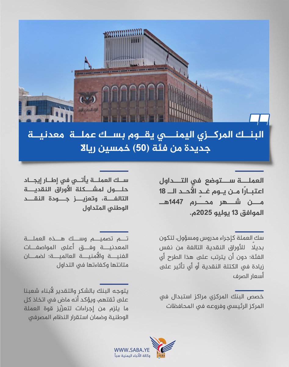 عاجل

البنك المركزي يعلن عن سك عملة معدنية من فئة (50) ريالا ستوضع للتداول ابتداء من يوم غد الأحد

صنعاء - سبأ :
أعلن البنك المركزي اليمني، عن سك عملة معدنية جديدة من فئة (50) ريالا ستوضع في التداول اعتبارا من يوم غد الأحد الـ 18 من شهر محرم 1447هـ، الموافق 13 يوليو 2025م.

وأشار