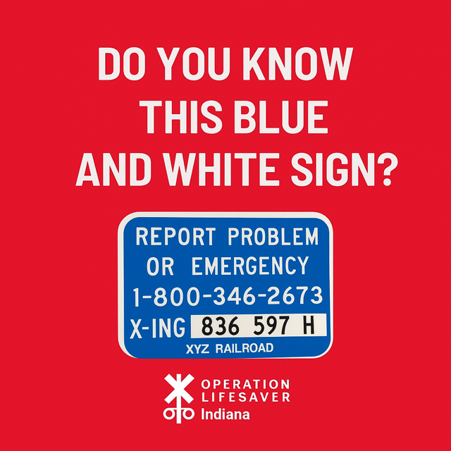 IndianaOpLife's tweet image. 🚨 Know this sign—it could save a life.
If you see a problem at a railroad crossing, call the number on the blue sign and report the crossing ID.
Stay alert. Stay safe.
#RailSafety #IndianaOL