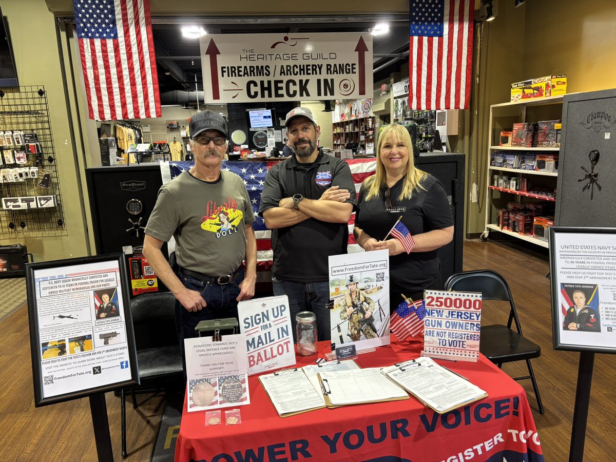 Saveamericasue's tweet image. We are set up today at Heritage Guild in Eastern Pa.
We are registering voters as well as getting signatures to free Tate Adamiak a Navy soldier who wrongfully got 20 years in prison for selling legal gun parts.
His dad joined us today.…