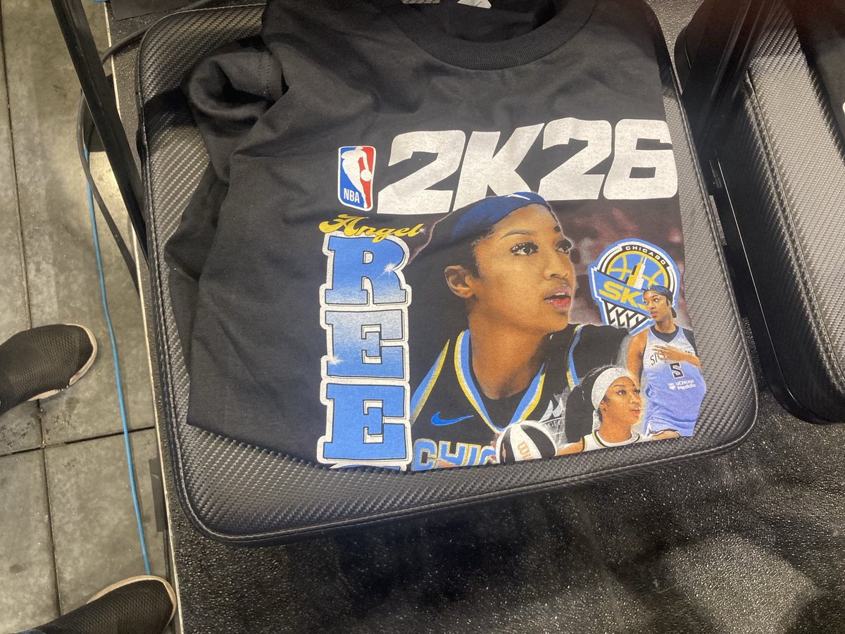 Crayestout's tweet image. At today’s Sky game fans will be treated to these 2K26 Angel Reese shirts on their seats.