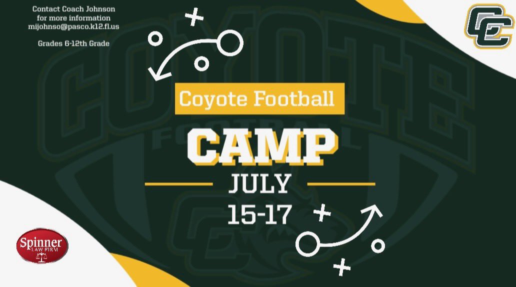 Coyote Football (@stayhowlin) on Twitter photo Attention Coyotes we will be hosting a camp this week! Come learn technique and skills from our Coyote coaching staff. Student athletes grades 6-12 are welcome. <a href="/StayHowlin/">Coyote Football</a> <a href="/CCHS_Sport/">Cypress Creek High School Athletics</a> <a href="/TheCoyoteWay/">CypressCreek</a> Attention Coyotes we will be hosting a camp this week! Come learn technique and skills from our Coyote coaching staff. Student athletes grades 6-12 are welcome. <a href="/StayHowlin/">Coyote Football</a> <a href="/CCHS_Sport/">Cypress Creek High School Athletics</a> <a href="/TheCoyoteWay/">CypressCreek</a>