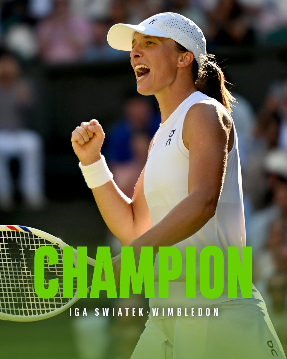 WeAreTennis's tweet photo. 🏆 SWIATEK TRIUMPHS AT WIMBLEDON ☘️

Iga masterclasses Amanda Anisimova 6-0 6-0 final to win her first title on London grass!

6 Grand Slam finals, 6 victories ✨ https://t.co/xV6gdatWOf