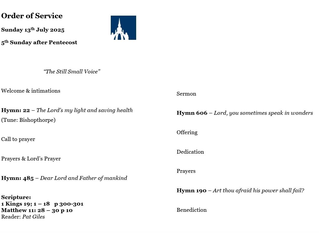 Whatever the weather, you're guaranteed a warm welcome at St Leonard's-in-the-Fields, Perth Sunday Service at 11am. Rev Alex Stewart will tell us about 'The Still Small Voice'. Four hymns incl. my favourite 'Dear Lord and Father of Mankind'. Refreshments in the hall afterwards.