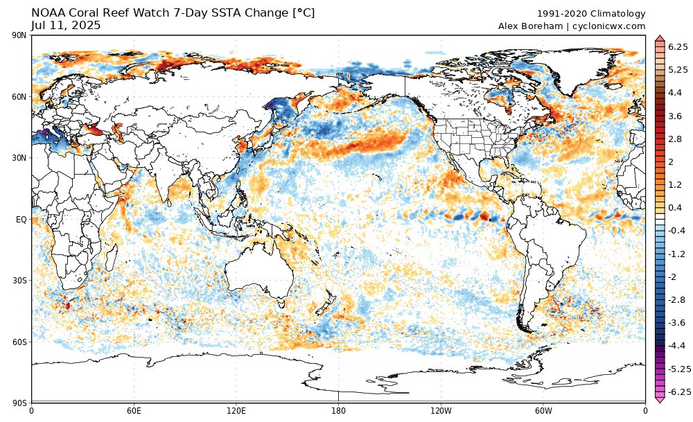 cyclonicwx's tweet image. A couple new updates: you can now see data from METAR stations nearby active storms! Here we can see the pressure at RJAW drop with Six passing nearly overhead. I've also added 7- and 30-day SSTA change plots to add more context to the evolution of the SSTs. More to come soon!
