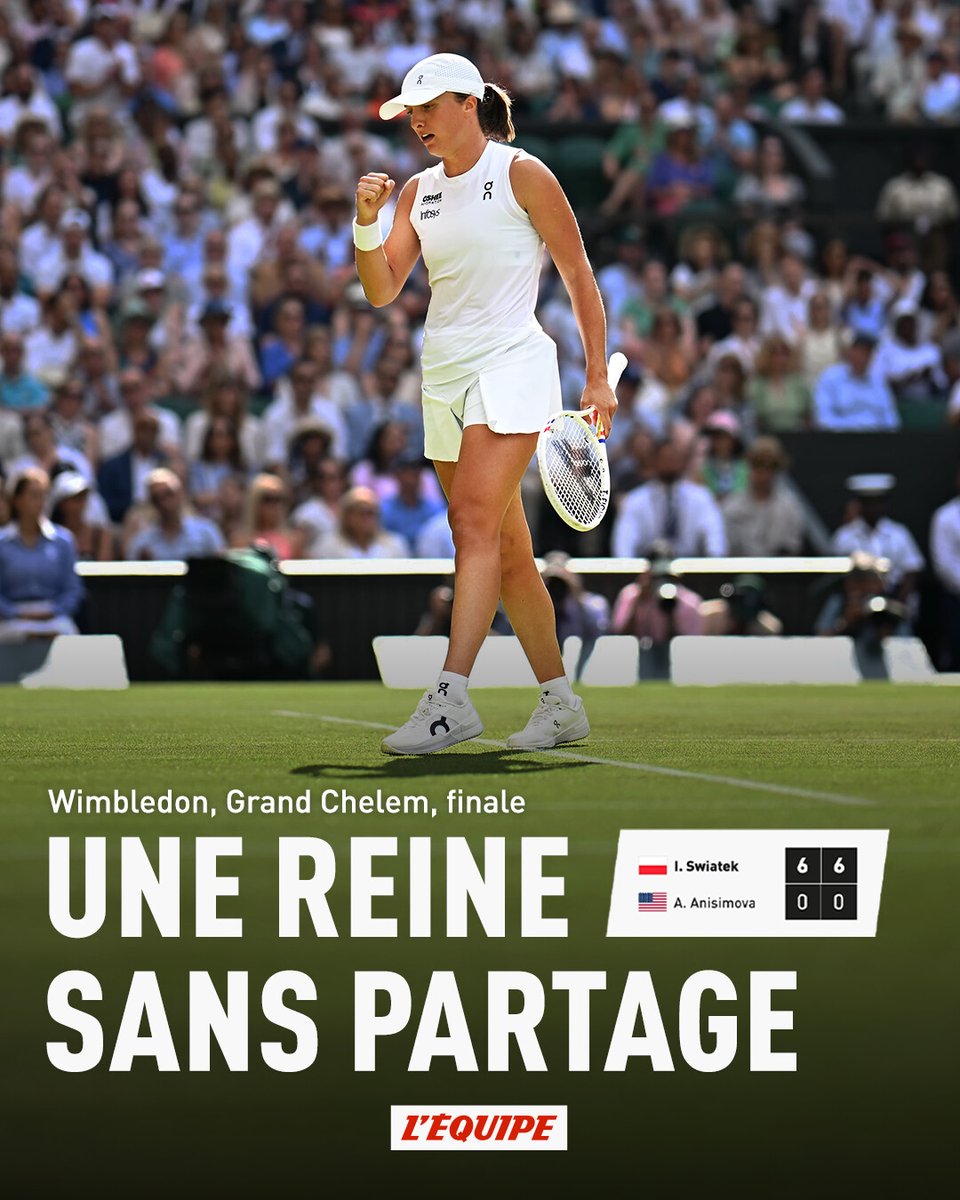 lequipe's tweet photo. Iga Swiatek remporte son premier Wimbledon en étrillant Amanda Anisimova en finale > https://t.co/Qutjp2yAW3 https://t.co/esSbleWEw6