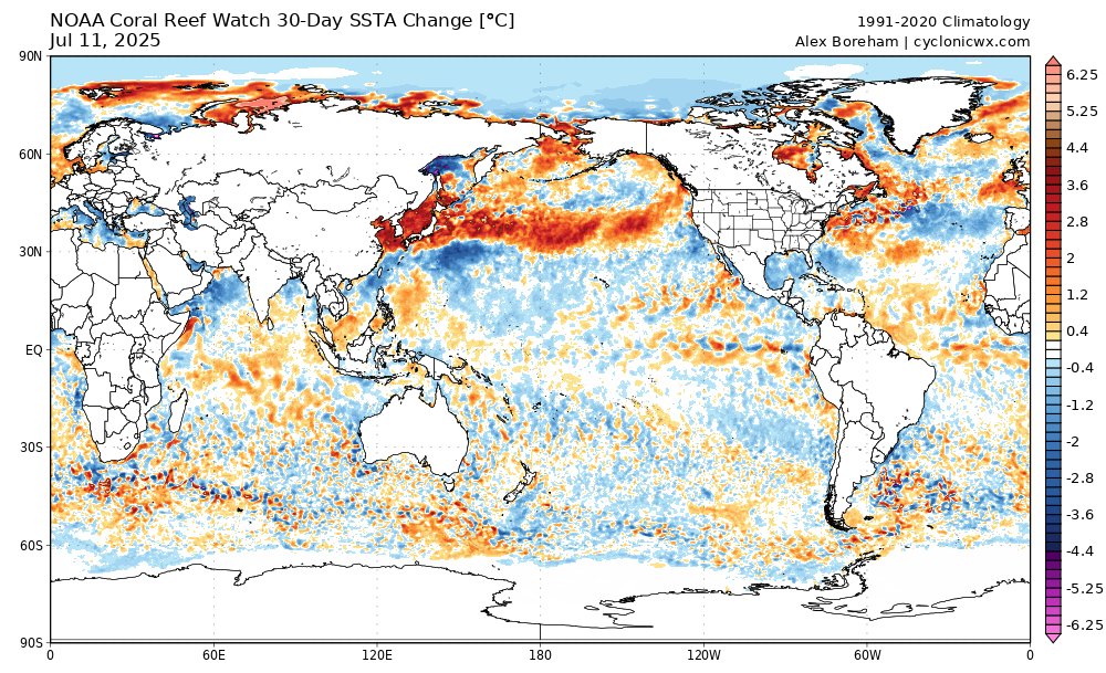 cyclonicwx's tweet image. A couple new updates: you can now see data from METAR stations nearby active storms! Here we can see the pressure at RJAW drop with Six passing nearly overhead. I've also added 7- and 30-day SSTA change plots to add more context to the evolution of the SSTs. More to come soon!
