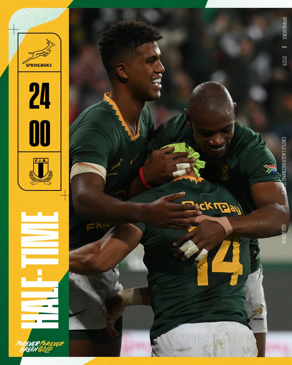 The #Springboks have scored four first-half tries to take the lead at the break in Gqeberha 👏
#Springboks #ForeverGreenForeverGold #RSAvITA