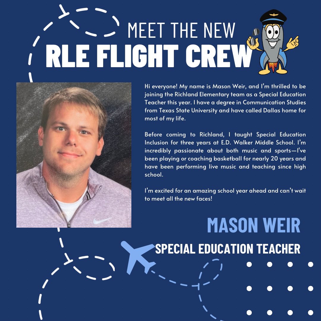 Please welcome our next RLE Flight Crew member for 25-26- Mr. Mason Weir! 🚀 He’s joining our incredible Special Education team, and we know he’s going to be a fantastic addition to the Rocket family! 🌟 With his passion and commitment to supporting every student, Mr. Weir is