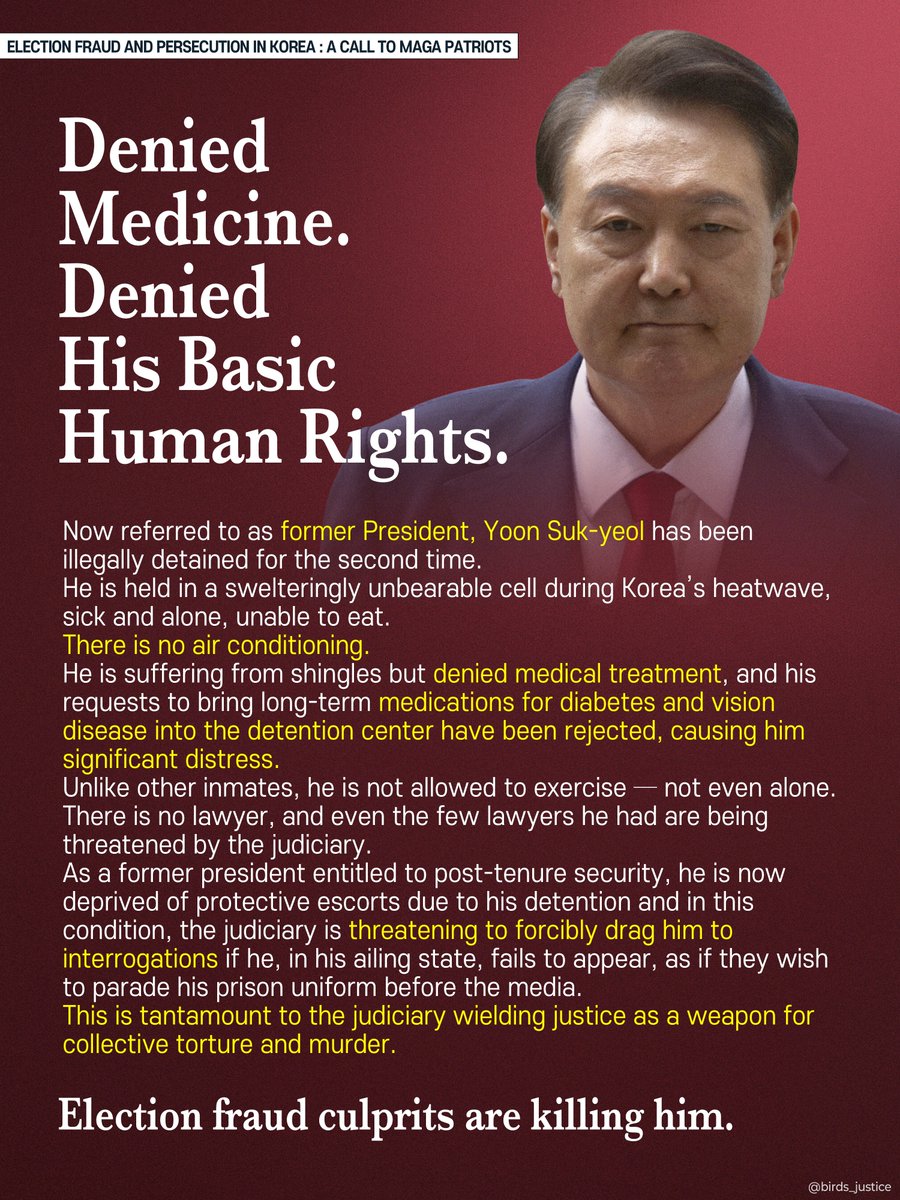 ์ฑํฐ (@birds_justice) on Twitter photo Election Fraud and Persecution in Korea :
A Call to MAGA Patriots
This is the unethical reality currently happening to President Yoon of the Republic of Korea.
<a href="/realDonaldTrump/">Donald J. Trump</a> <a href="/WhiteHouse/">The White House</a> <a href="/GordonGChang/">Gordon G. Chang</a> <a href="/MorseHTan/">Morse H. Tan</a> <a href="/ColonelRETJohn2/">ColonelRETJohn2</a> Election Fraud and Persecution in Korea :
A Call to MAGA Patriots
This is the unethical reality currently happening to President Yoon of the Republic of Korea.
<a href="/realDonaldTrump/">Donald J. Trump</a> <a href="/WhiteHouse/">The White House</a> <a href="/GordonGChang/">Gordon G. Chang</a> <a href="/MorseHTan/">Morse H. Tan</a> <a href="/ColonelRETJohn2/">ColonelRETJohn2</a>