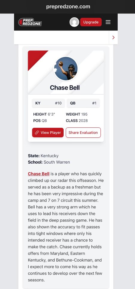 Congratulations <a href="/IamChaseBell15/">Chase Bell</a> for being named Prep RedZone’s #1 QB in KY’s Class of 2028!