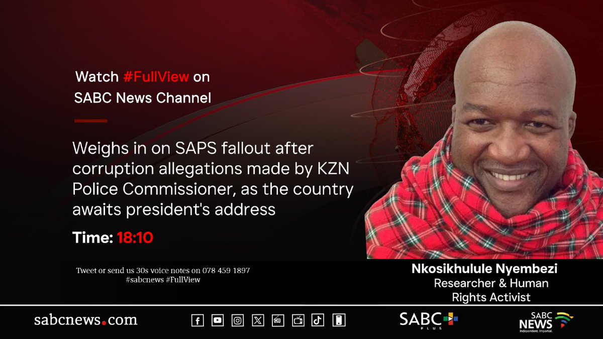[COMING UP] On #FullView, Nkosikhulule Nyembezi weighs in on the SAPS fallout following corruption allegations made by the KZN police commissioner, as the country awaits the president's address on Sunday. #SABCNews