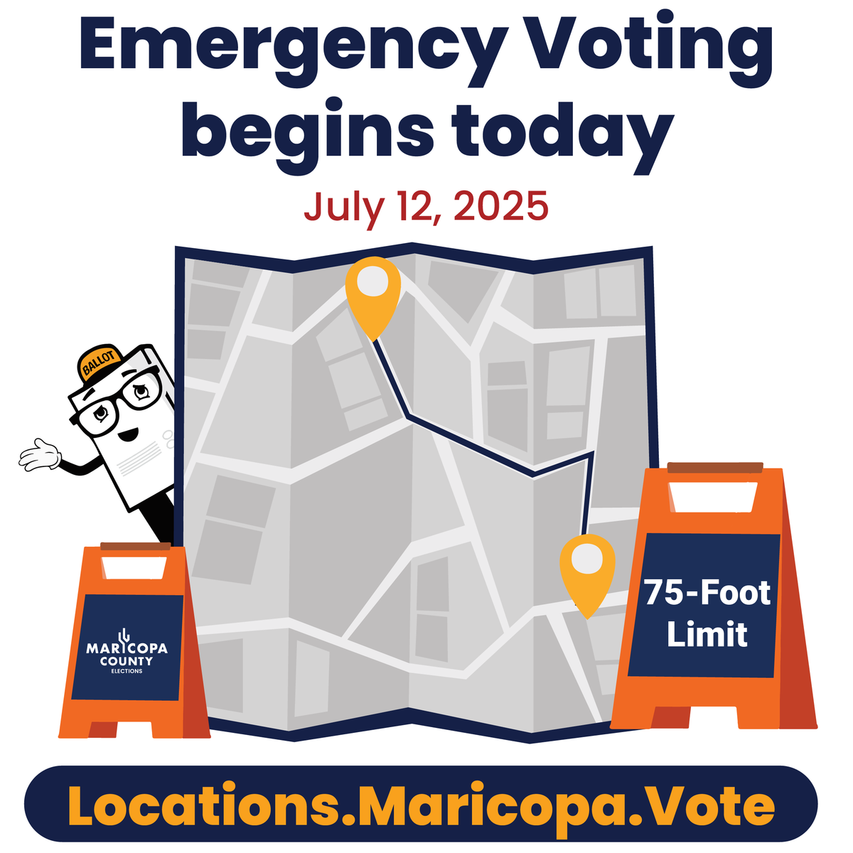 MaricopaVote's tweet image. Emergency voting begins today, July 12, 2025, for the Congressional District 7 Special Primary Election! Find a vote center, hours of operation, and live wait times at Locations.Maricopa.Vote.