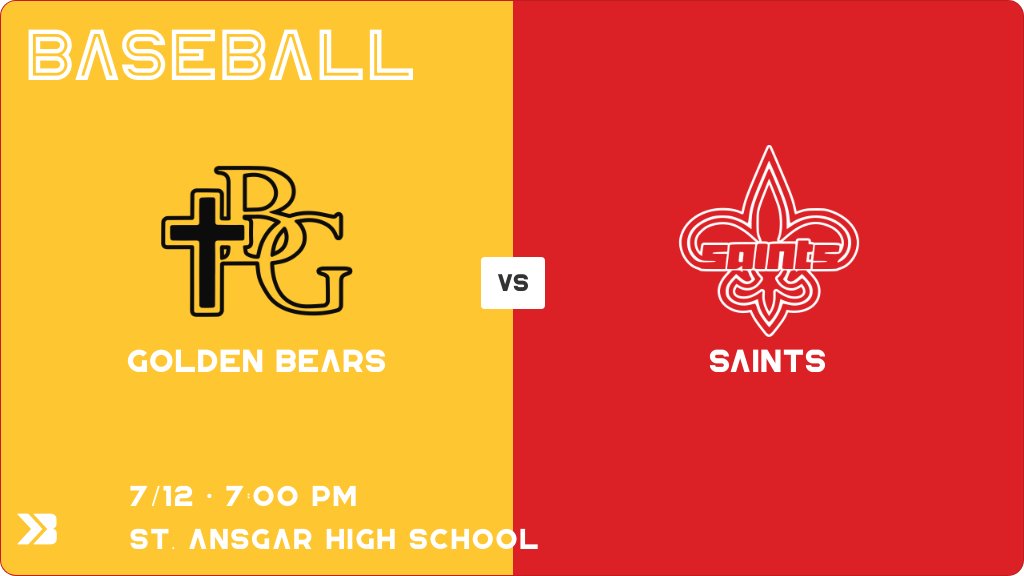 Baseball (Varsity) Game Day! - Check out the event preview for the The Bishop Garrigan Golden Bears vs The Saint Ansgar Saints. It starts at 7:00 PM and is at St. Ansgar High School Baseball Field. gobound.com/ia/ihsaa/baseb…