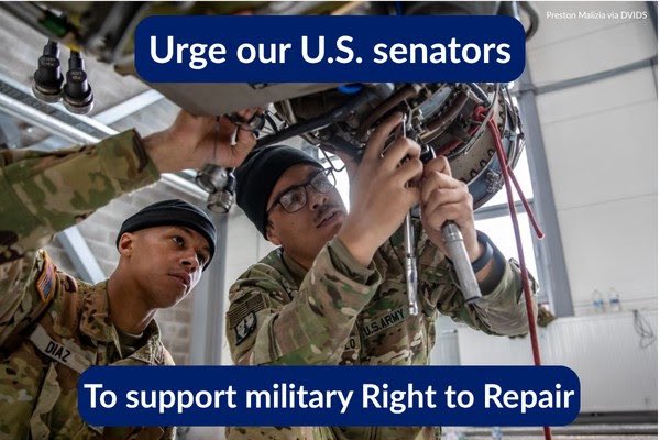 TexPIRG's tweet image. Every day, our military wastes valuable time and countless taxpayer dollars because manufacturers restrict access to the parts, tools, and manuals for repairs. This practice makes it nearly impossible for servicemembers to fix their equipment themselves. pirg.org/take-action/te…