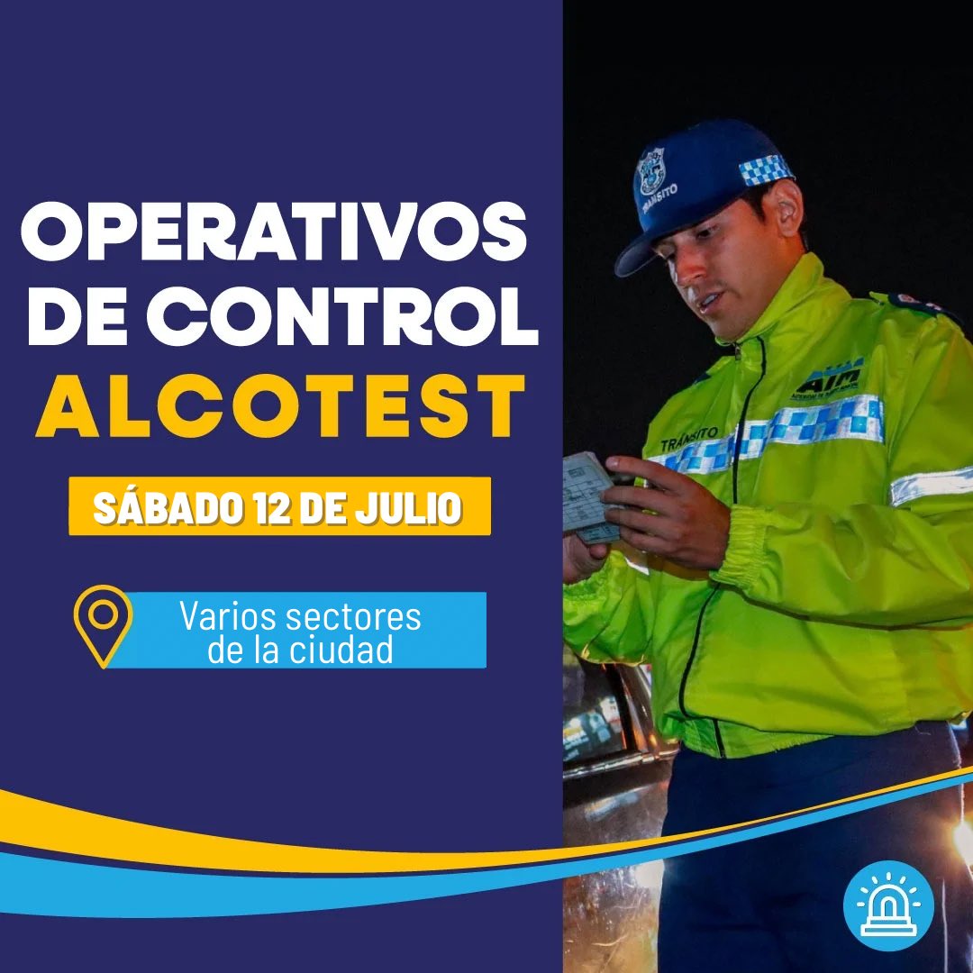 Informamos a la ciudadanía que este sábado 12 de julio realizaremos operativos de control alcotest en varios sectores de Guayaquil.

Recuerda evitar conducir si has consumido alcohol y llevar contigo toda tu documentación actualizada.
¡Tu responsabilidad salva vidas!