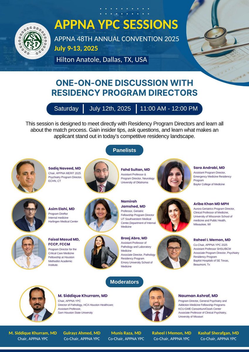 𝗣𝗿𝗼𝗴𝗿𝗮𝗺 𝗗𝗶𝗿𝗲𝗰𝘁𝗼𝗿 𝗦𝗲𝘀𝘀𝗶𝗼𝗻:
We have 9 Program Directors/APDs interacting with Residency Applicants in the Chantilly Hall.

JOIN US:

✅ Dr <a href="/SadiqNaveed/">Sadiq Naveed</a> Psychiatry PD ECHN

✅ Professor Dr Nauman Ashraf PD Psychiatry Ozark Health

✅ Dr Fahd Sultan PD Neurology