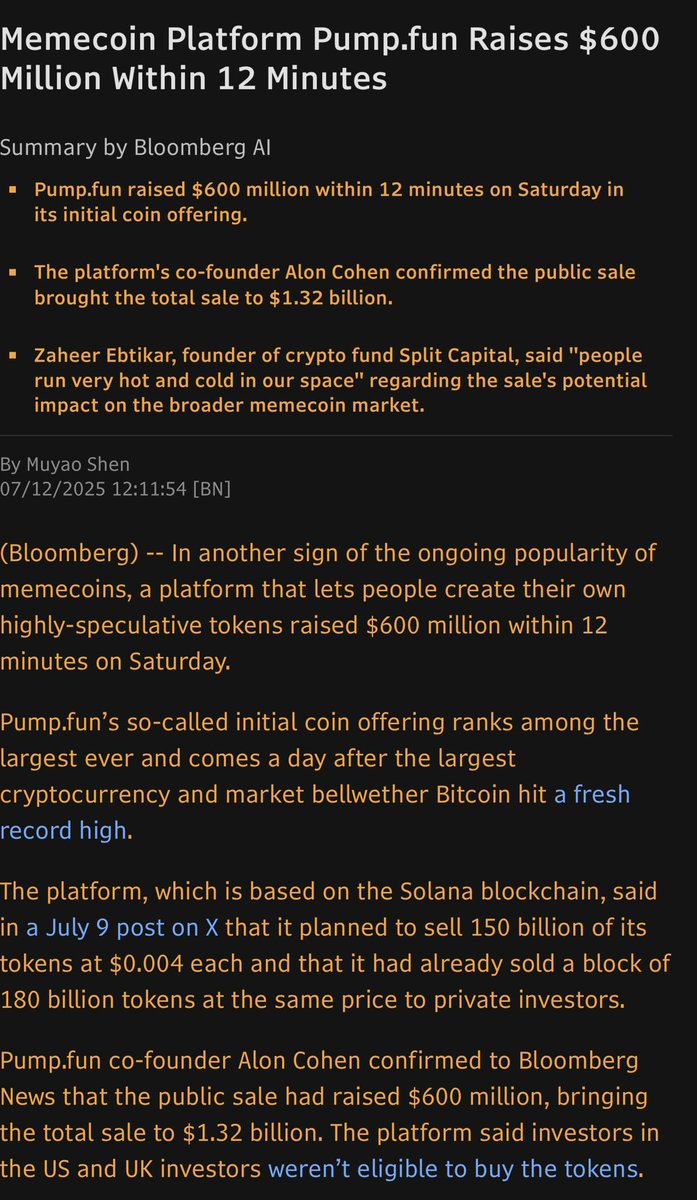 NEW: <a href="/pumpdotfun/">pump.fun</a> raised $600 million through its public token sale, its cofounder <a href="/a1lon9/">alon</a> confirmed with me - $500M via on chain, $100M via offchain/centralized exchanges. This apparently competed within 12 minutes