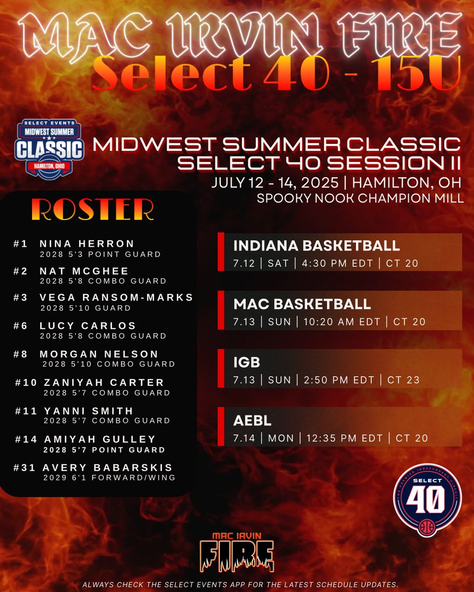 Mac Irvin Lady Fire S40 (@macirvingirls) on Twitter photo Fresh off a 2-2 showing in the top bracket of <a href="/TFNsRun4Roses/">TFN's Run 4 Roses</a> or super talented 15u team heads to Ohio to play in the select 40z. Great competition on deck. They have a ton of D1 talent coaches, come check them out! Fresh off a 2-2 showing in the top bracket of <a href="/TFNsRun4Roses/">TFN's Run 4 Roses</a> or super talented 15u team heads to Ohio to play in the select 40z. Great competition on deck. They have a ton of D1 talent coaches, come check them out!
