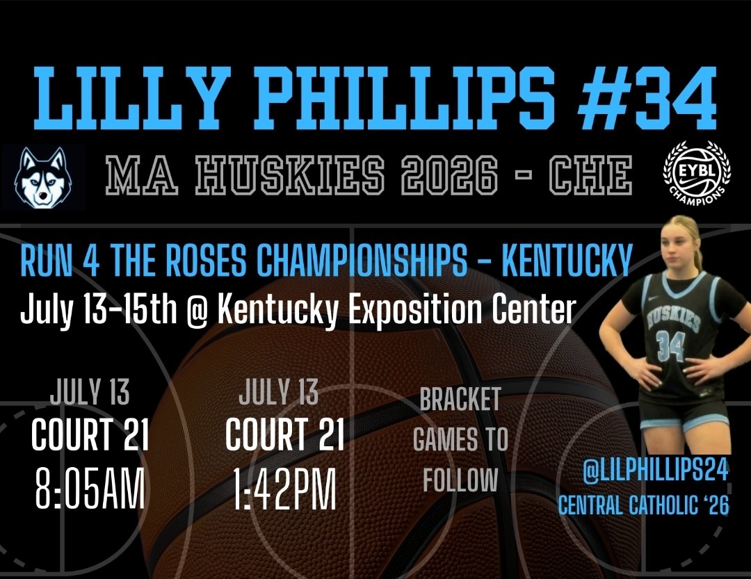 LilPhillips24's tweet image. Ready to go with @MAHuskies Che! Run 4 The Roses Championships - Louisville, KY
🏀 July 13 CT 21 8:05am
🏀July 13 CT 21 1:42pm
🏀 Bracket Play to follow
@TFNsRun4Roses
@CCRaider_GHoops @PGHNewEngland @coachchekim1