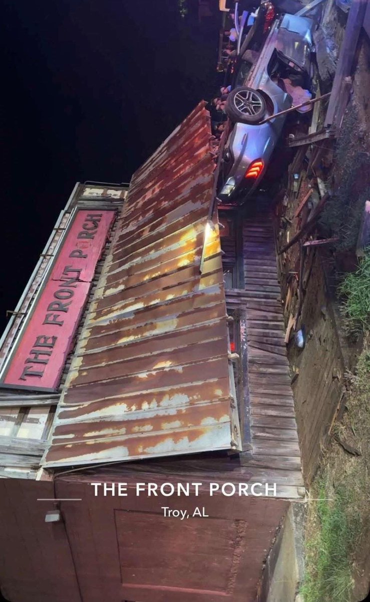 This happened at our local bar last night. How this car got there is beyond me. Not a curve in the road.

I have questions.