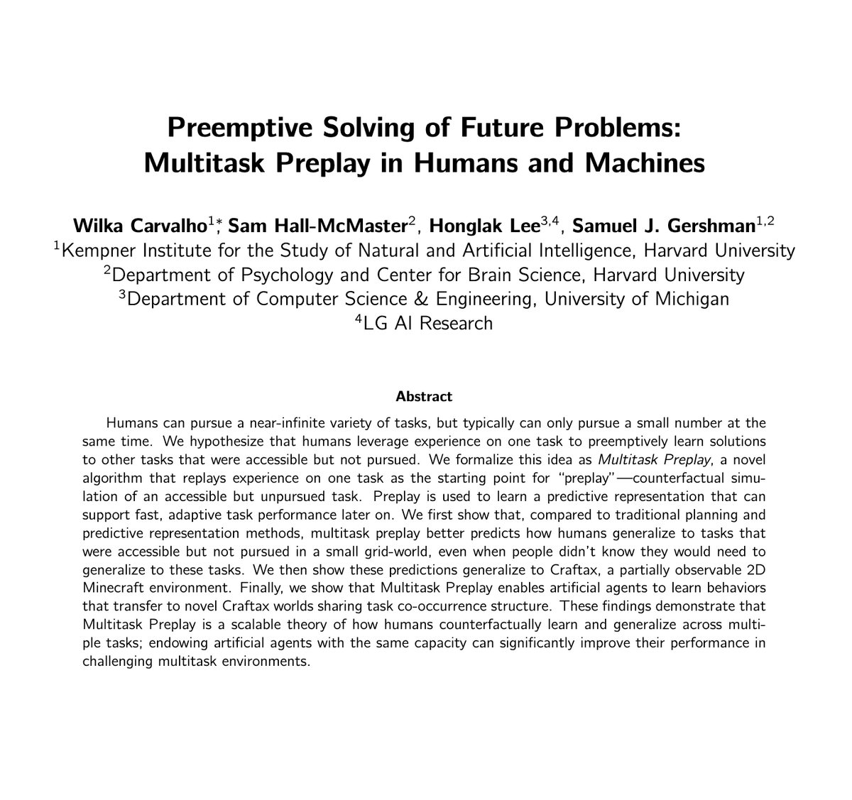 cogscikid's tweet image. Excited to share a new project spanning cognitive science and AI where we develop a novel deep reinforcement learning model---Multitask Preplay---that explains how people generalize to new tasks that were previously accessible but unpursued.