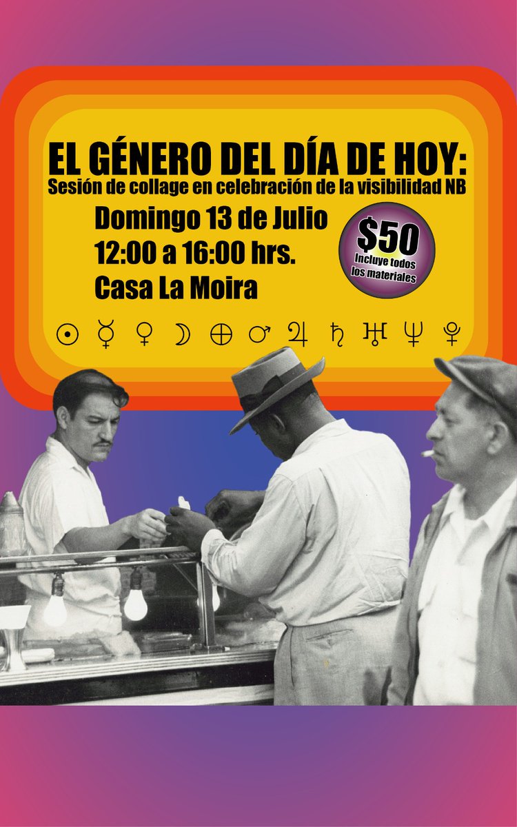 Este Domingo, como parte de la celebración del Dia de la Visibilidad NB 💛🤍💜🖤 les invitamos a un taller de collage. Una tarde llena de reflexiones, charlas y apapachos colectivos para reafirmar nuestras identidades. 

🕐 12 a 16 H 
📍La Moira
💸 50 pesos