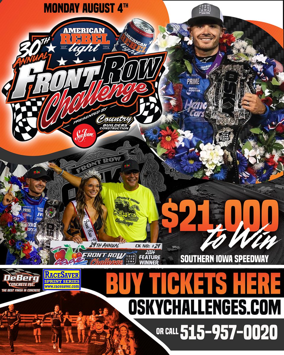 oskychallenges.com (@oskychallenges) on Twitter photo Get your discount <a href="/AmericanRebel99/">American Rebel</a> Front Row Challenge Infield Party Passes now
Oskaloosa True Value
202 1st Ave East in Osky!
Also available at <a href="/TerryMccarl24/">Terry McCarl</a>
Trailer after all race nights <a href="/knoxvilleraces/">Knoxville Raceway</a>
<a href="/CB_Racing88/">Country Builders Racing</a>
<a href="/SeaFoamWorks/">Sea Foam</a>
30th Annual FRC Monday August 4th at the Get your discount <a href="/AmericanRebel99/">American Rebel</a> Front Row Challenge Infield Party Passes now
Oskaloosa True Value
202 1st Ave East in Osky!
Also available at <a href="/TerryMccarl24/">Terry McCarl</a>
Trailer after all race nights <a href="/knoxvilleraces/">Knoxville Raceway</a>
<a href="/CB_Racing88/">Country Builders Racing</a>
<a href="/SeaFoamWorks/">Sea Foam</a>
30th Annual FRC Monday August 4th at the