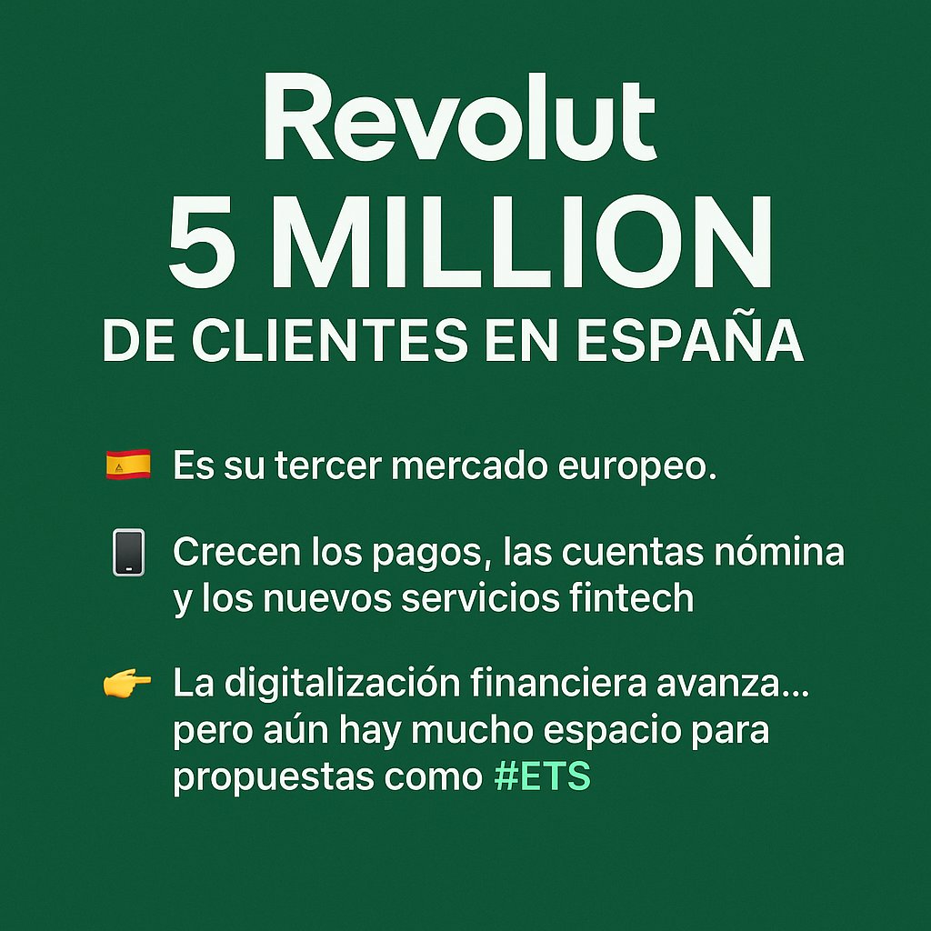 EtsSpain's tweet image. 📱 Revolut ya suma 5 millones de clientes en España

🇪🇸 Es su tercer mercado europeo
💳Crecen los pagos, las cuentas nómina y los nuevos servicios fintech
👉La digitalización financiera avanza… Pero aún hay mucho espacio para propuestas como #ETS.
#Fintech #CriptoEspaña #EMX
