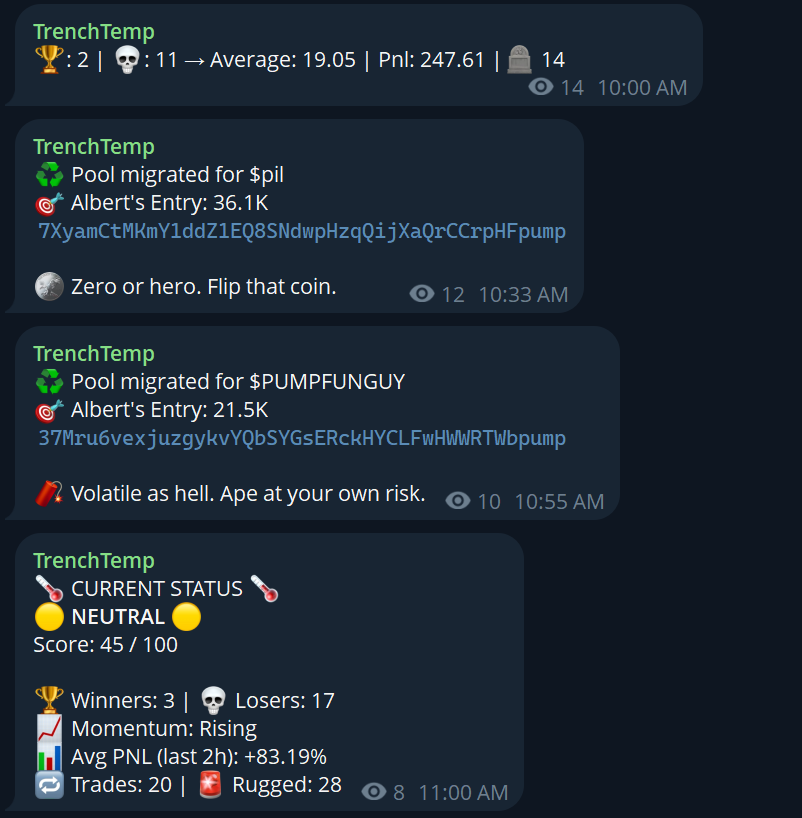 Who wants to test TrenchTemp?

What is TrenchTemp?
TrenchTemp is a real-time sentiment tracker for new pair launches and recently graduated meme coins in the trenches. It helps you gauge how active and profitable the market is, hour by hour, day by day.

How does it work?
Our bot