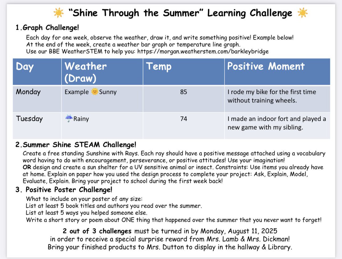 Reminder! Complete 2 out of the 3 summer challenges below and receive a special reward from Mrs. Lamb &amp; Mrs. Dickman! Your finished products will be showcased in the main hallway!