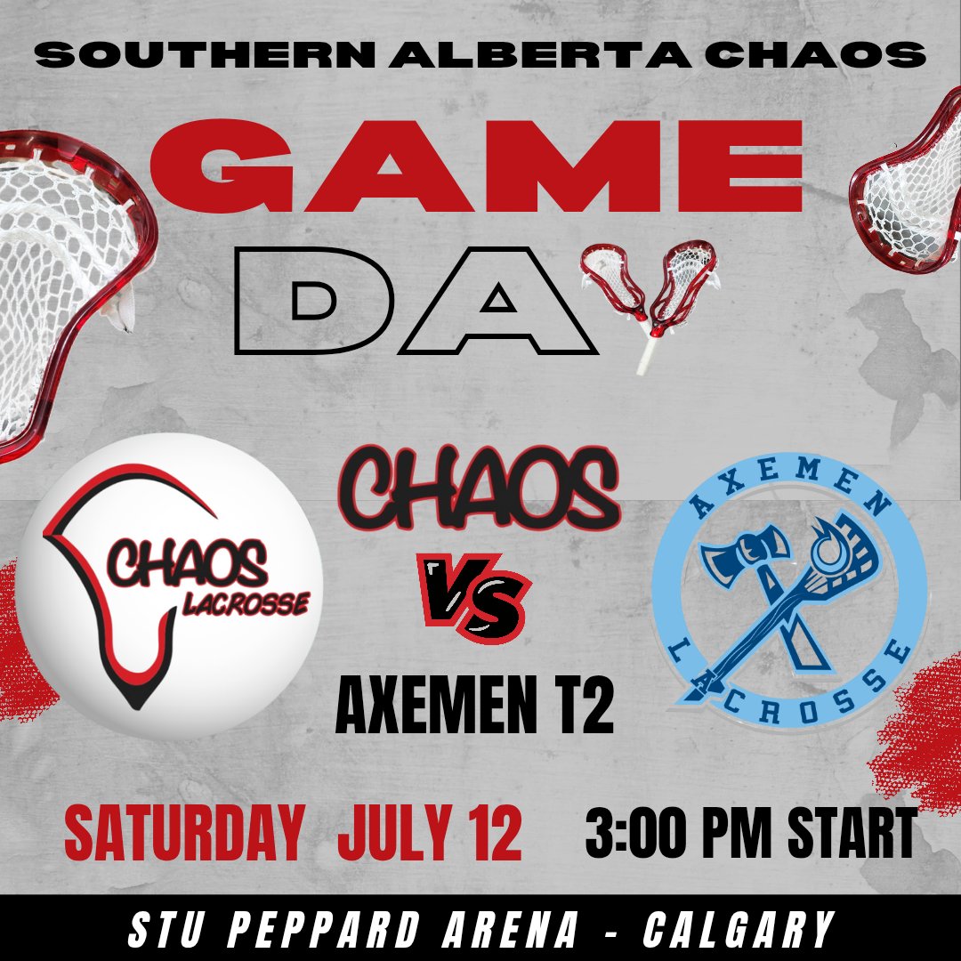 Game Day

On the road again.  This afternoon Chaos travel to Stu Peppard Arena  for a match up with the Calgary Jr Axemen,  who have are currently on a 9 game win streak)  
🥍❤️🖤🩶
The actions starts at 3pm, live streaming  on CrowLaxTV:     youtube.com/live/OjpKTIVUb…