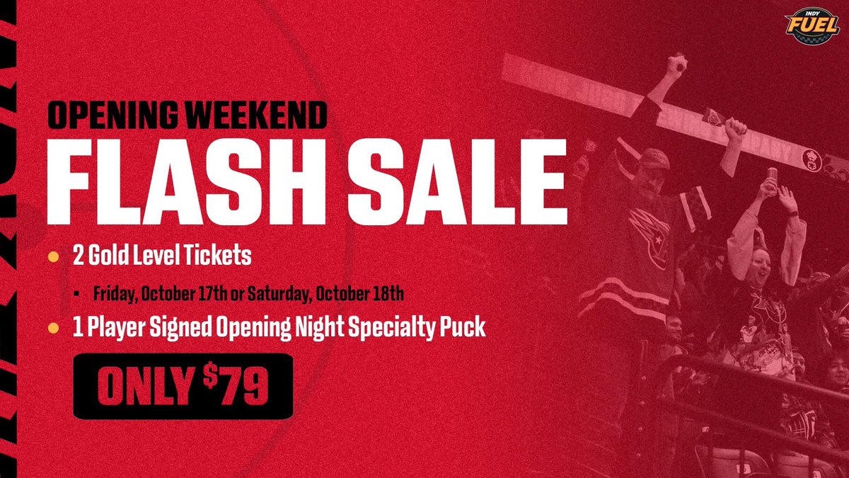 Indy Fuel (@indyfuel) on Twitter photo LAST CHANCE FOR 100 DAY SALE 🚨
Special Offer:
🎟️ 2 Gold Level Opening Night Tickets
🏒 1 Player Signed Opening Night Specialty Puck
Get your tickets today👀
🔗: gofevo.com/group/100Day20… LAST CHANCE FOR 100 DAY SALE 🚨
Special Offer:
🎟️ 2 Gold Level Opening Night Tickets
🏒 1 Player Signed Opening Night Specialty Puck
Get your tickets today👀
🔗: gofevo.com/group/100Day20…