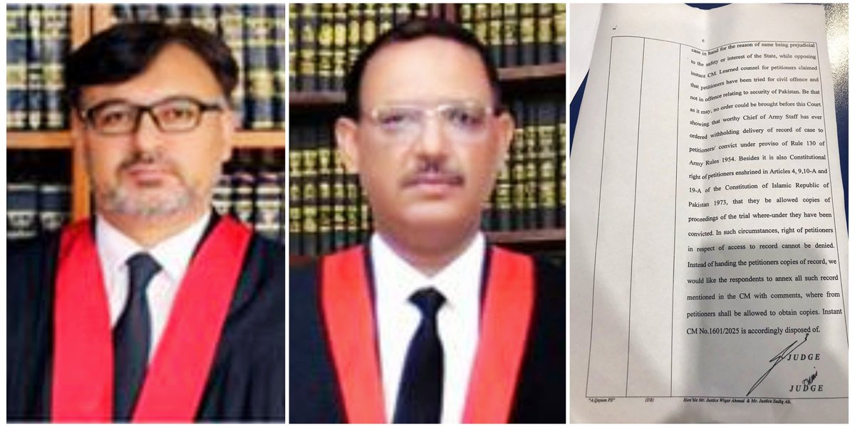 9 مئی قومی سلامتی یا مفاد کا نہیں بلکہ سول مقدمہ ہے !!

پشاور ہائیکورٹ کے جسٹس وقار احمد اور جسٹس صادق علی نے فوجی عدالتوں سے سزا پانے والے <a href="/PTIofficial/">PTI</a> کے کارکنان کی آرمی ایکٹ 1954 کے رول 130 کے تحت ریکارڈ حاصل کرنے کی درخواست کو منظور کرتے ہوئے فیصلے میں لکھا کہ؛ “آرمی ایکٹ