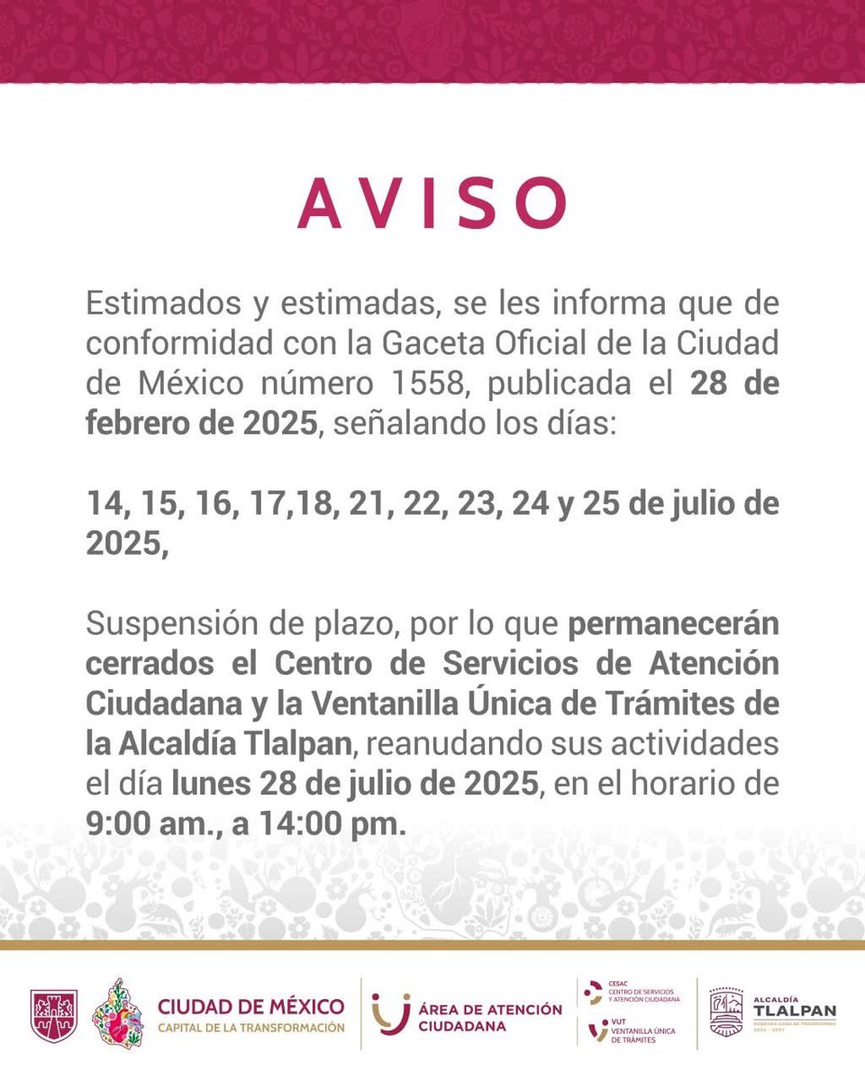 CESAC Tlalpan (@cesact) on Twitter photo 📢 Del 14 al 25 de julio, el Centro de Servicios de Atención Ciudadana y la Ventanilla Única de Trámites de la <a href="/TlalpanAl/">Alcaldía Tlalpan</a> permanecerán cerrados.
Reanudamos actividades el lunes 28 de julio, en un horario de 9:00 a 14:00 h.
Agradecemos su comprensión. 📢 Del 14 al 25 de julio, el Centro de Servicios de Atención Ciudadana y la Ventanilla Única de Trámites de la <a href="/TlalpanAl/">Alcaldía Tlalpan</a> permanecerán cerrados.
Reanudamos actividades el lunes 28 de julio, en un horario de 9:00 a 14:00 h.
Agradecemos su comprensión.