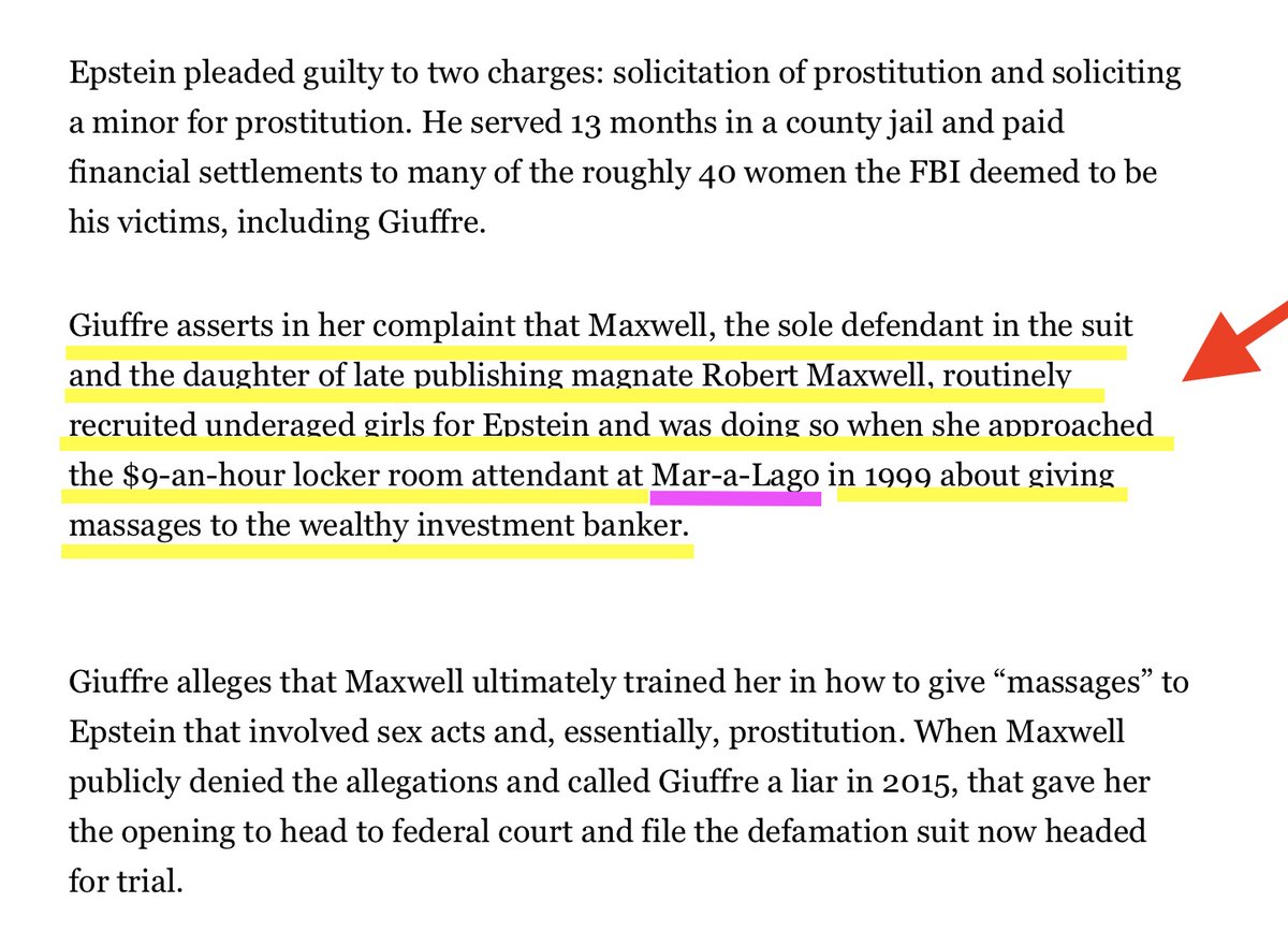 JackMaxey1's tweet image. A few things to remember:
1. Epstein was a member of Mar a Lago. Friendship and money is still only criteria for membership
2. Ghislaine Maxwell recruited Virginia Giuffre at Mar a Lago.
3. To my knowledge Mar a Lago was never sued, why not?
4. Virginia Giuffre was suicided…