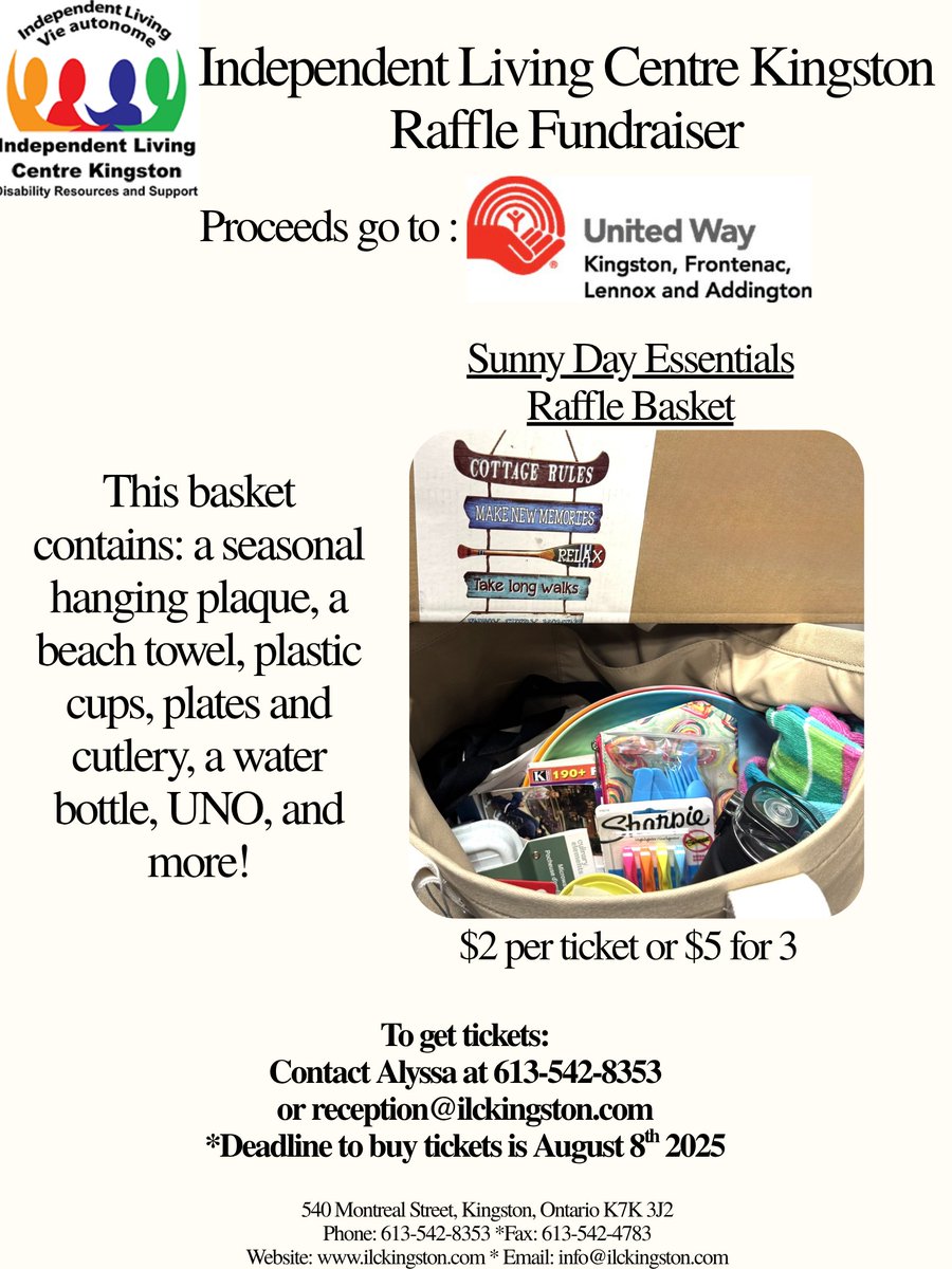 Get your tickets now for a chance to win this Sunny Day Essentials gift basket.  In support of the United Way.