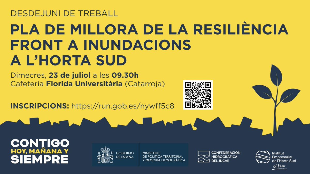 PLAN DE MEJORA DE LA RESILIENCIA FRENTE A INUNDACIONES EN L'HORTA SUD

¡Reserva tu plaza!
📆Miércoles 23 de julio
🕢09.30h
📍Cafetería de Florida Universitaria (Catarroja)
📝Inscripciones hasta el 20 de julio a: run.gob.es/nywff5c8 
#asociacion #AEMBE #pymes #Beniparrell