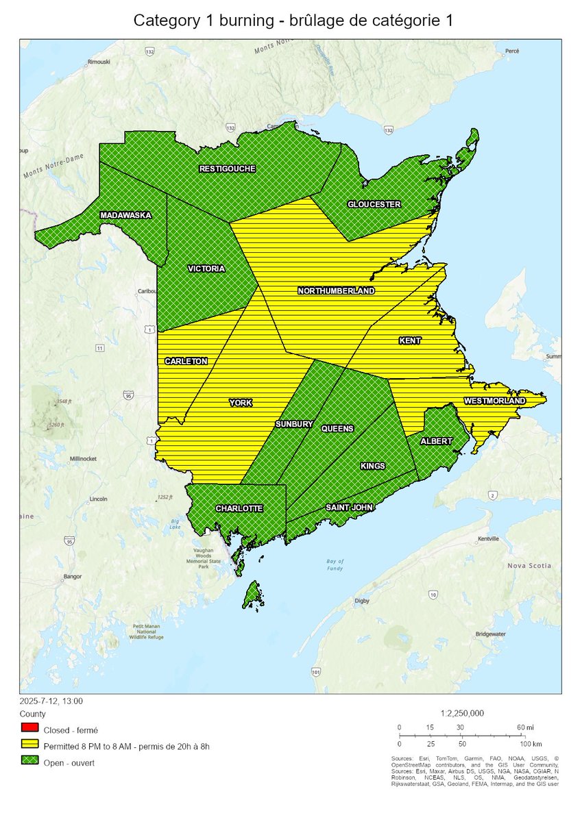 NBForestFires's tweet image. Burning conditions are valid from 2 PM July 12 to 2 PM July 13. Between 8 PM and 8 AM burning is permitted in the following counties: Carleton, Kent, Northumberland, Westmorland, York. All other counties are open for burning.